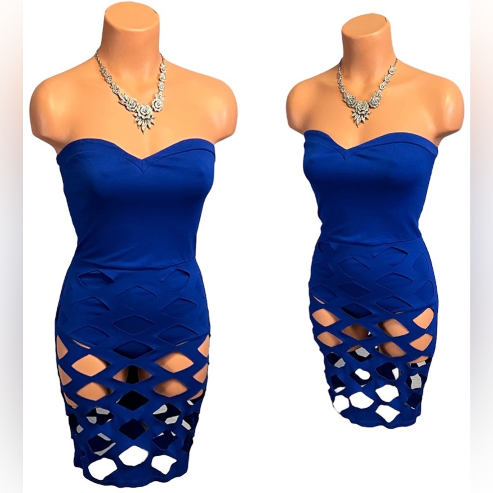 Sexy Strapless Sleeveless and Stretchy Cutout Electric Blue Hot pants Mini Dress
